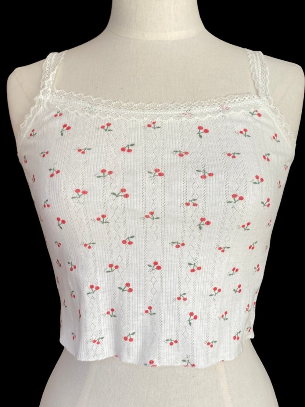 Dazy Cherry Print Lace Trim Ribbed Knit White Crop Tank Top Camisole Coquette-M